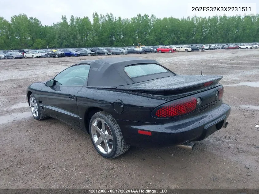 1999 Pontiac Firebird VIN: 2G2FS32K3X2231511 Lot: 12012300