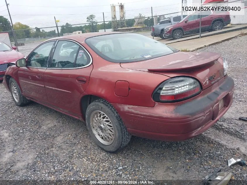 2000 Pontiac Grand Prix Se VIN: 1G2WJ52K4YF259400 Lot: 40281261