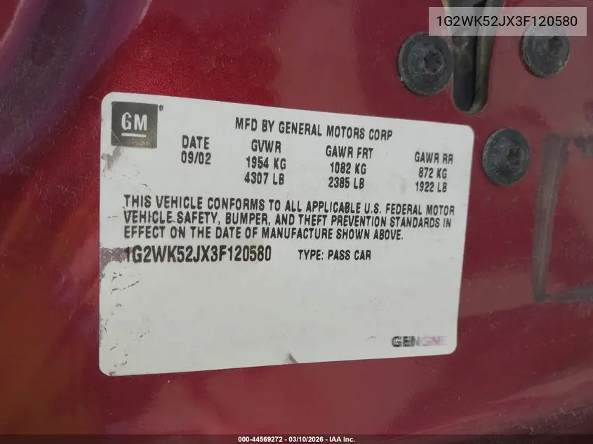 2003 Pontiac Grand Prix Se VIN: 1G2WK52JX3F120580 Lot: 44569272