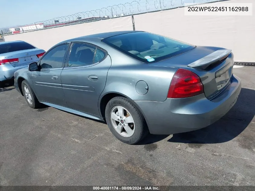 2005 Pontiac Grand Prix VIN: 2G2WP522451162988 Lot: 40081174