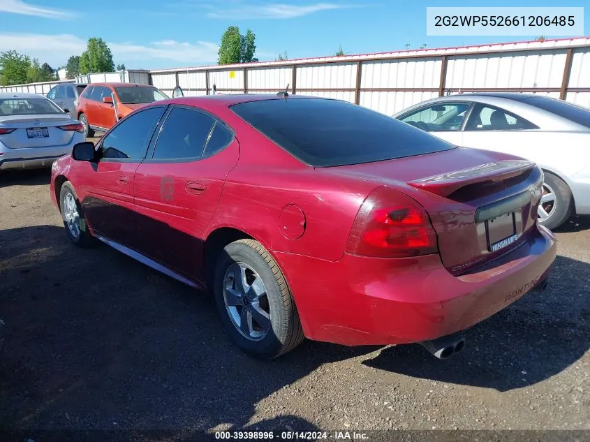 2006 Pontiac Grand Prix VIN: 2G2WP552661206485 Lot: 39398996