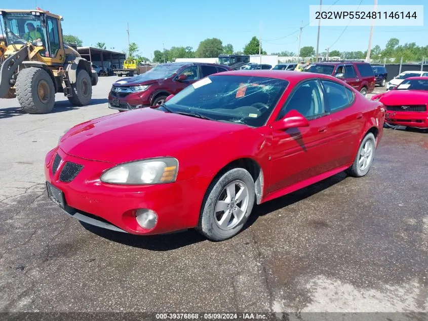 2008 Pontiac Grand Prix VIN: 2G2WP552481146144 Lot: 39376868