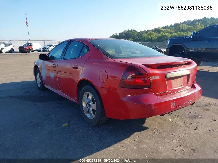 2008 Pontiac Grand Prix VIN: 2G2WP552981138086 Lot: 40377299