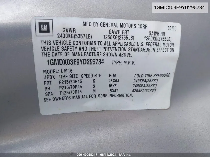 2000 Pontiac Montana M16 VIN: 1GMDX03E9YD295734 Lot: 40098317