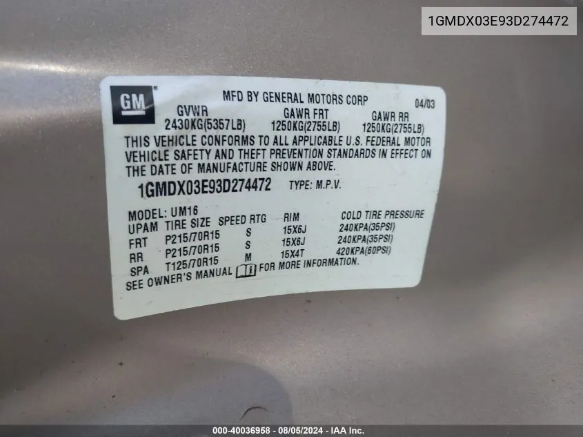 1GMDX03E93D274472 2003 Pontiac Montana M16 W/1Sa Pkg.