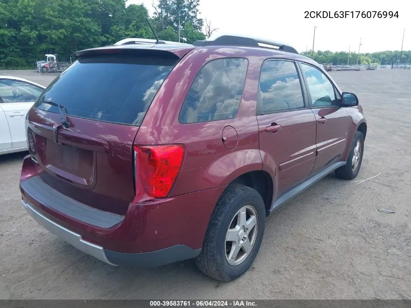 2007 Pontiac Torrent VIN: 2CKDL63F176076994 Lot: 39583761