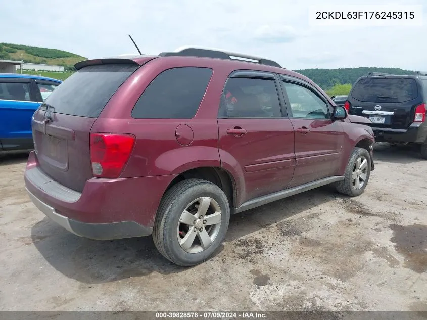 2007 Pontiac Torrent VIN: 2CKDL63F176245315 Lot: 39828578