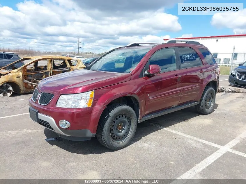 2008 Pontiac Torrent VIN: 2CKDL33F986035755 Lot: 12000893