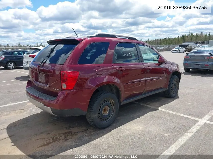 2008 Pontiac Torrent VIN: 2CKDL33F986035755 Lot: 12000893