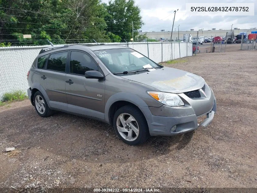 2003 Pontiac Vibe VIN: 5Y2SL62843Z478752 Lot: 39398232