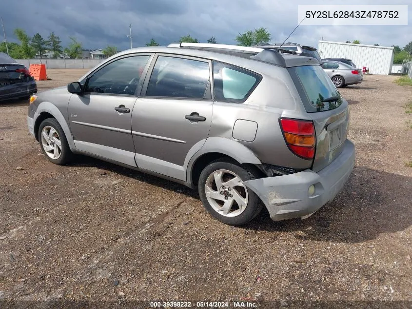 2003 Pontiac Vibe VIN: 5Y2SL62843Z478752 Lot: 39398232