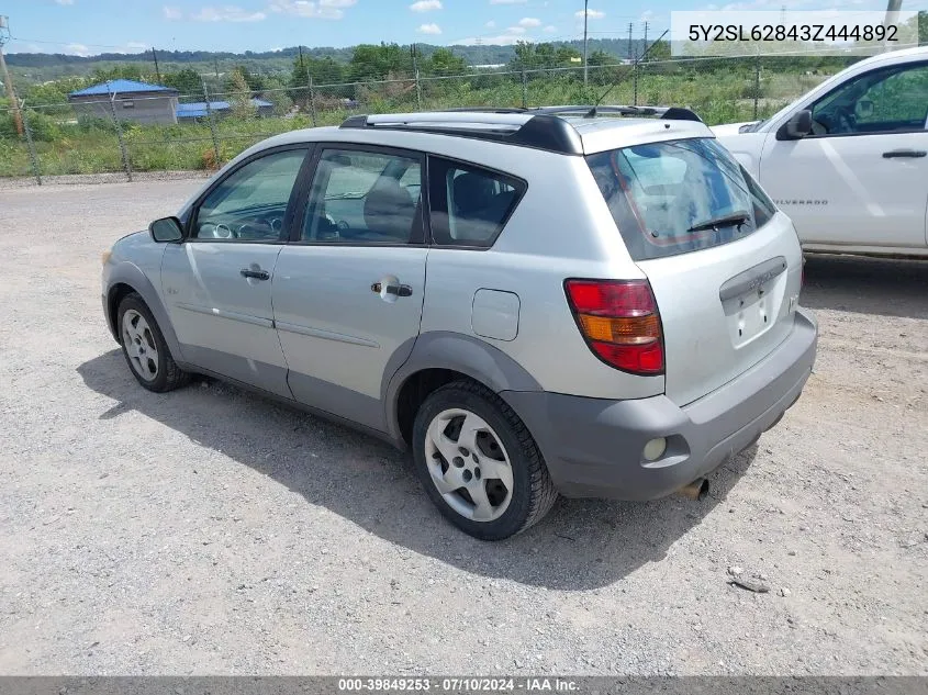 2003 Pontiac Vibe VIN: 5Y2SL62843Z444892 Lot: 39849253