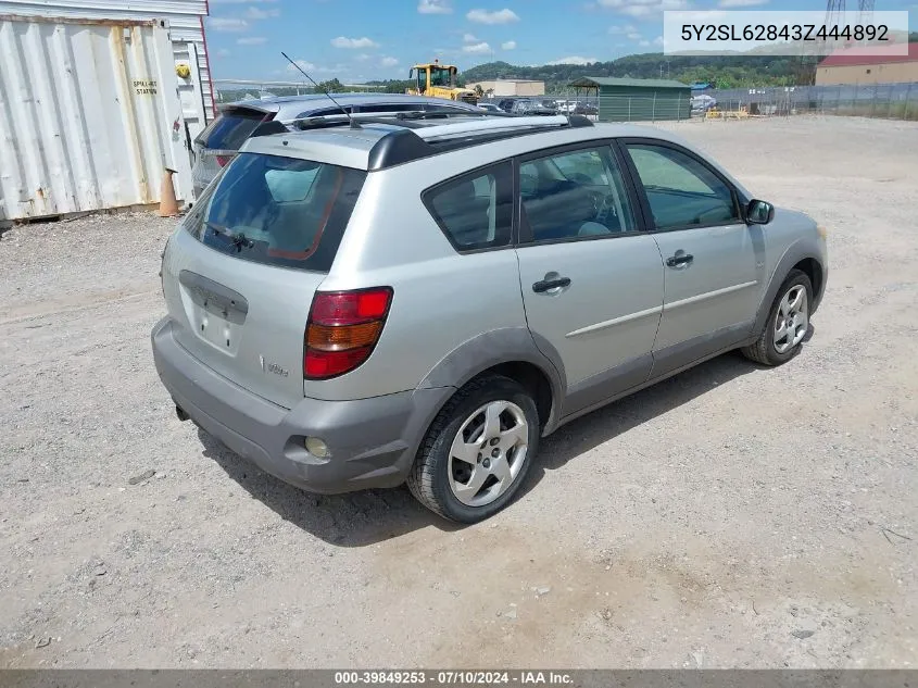 2003 Pontiac Vibe VIN: 5Y2SL62843Z444892 Lot: 39849253