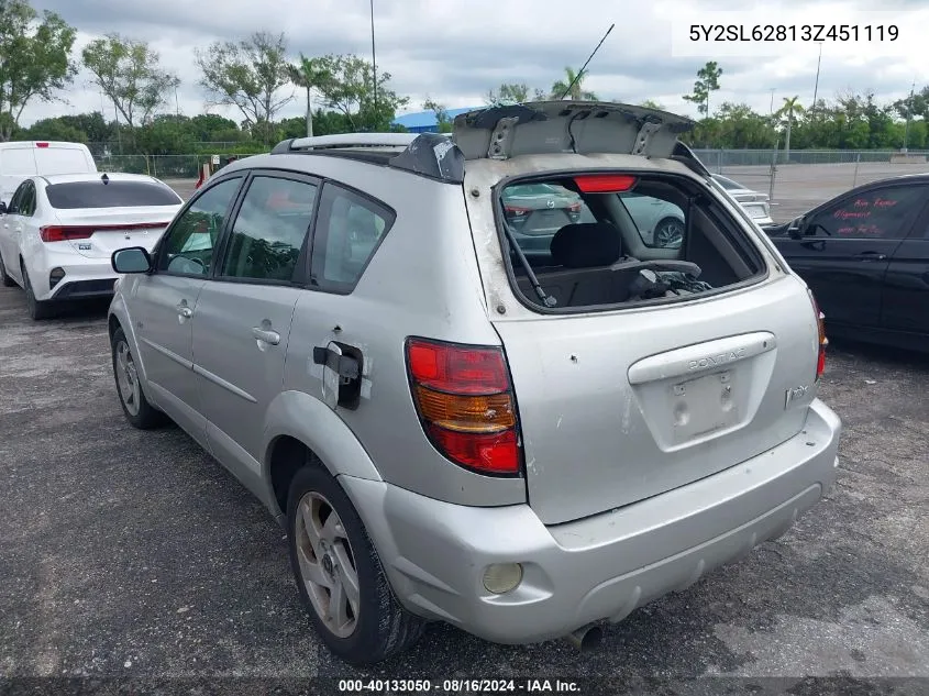 2003 Pontiac Vibe VIN: 5Y2SL62813Z451119 Lot: 40133050