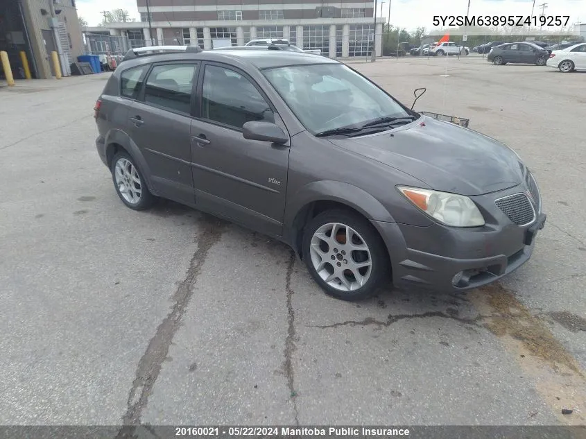 2005 Pontiac Vibe VIN: 5Y2SM63895Z419257 Lot: 20160021