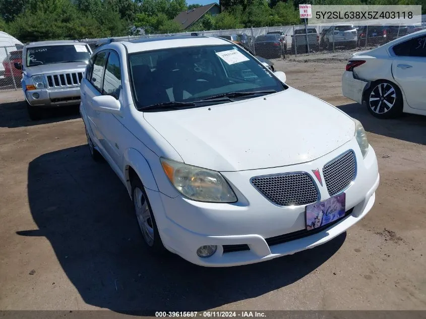 2005 Pontiac Vibe VIN: 5Y2SL638X5Z403118 Lot: 39615687