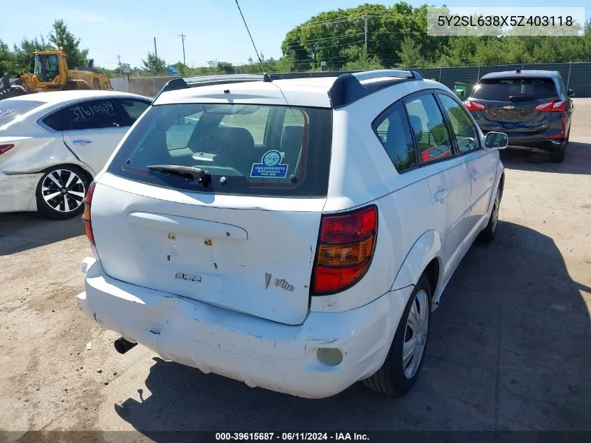 2005 Pontiac Vibe VIN: 5Y2SL638X5Z403118 Lot: 39615687