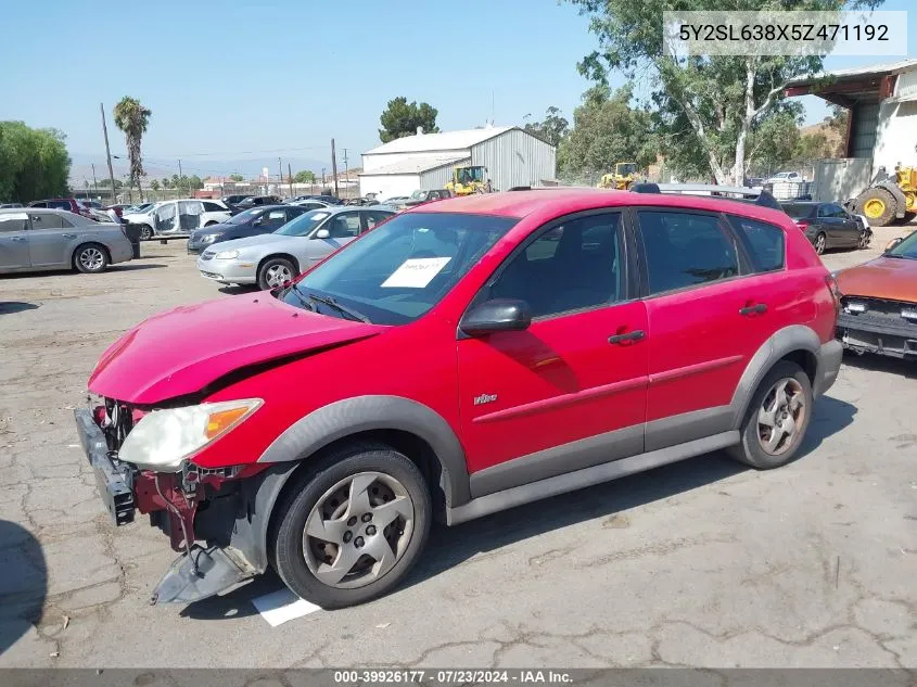 2005 Pontiac Vibe VIN: 5Y2SL638X5Z471192 Lot: 39926177