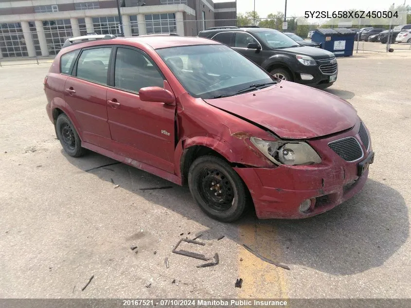 2006 Pontiac Vibe VIN: 5Y2SL658X6Z450504 Lot: 20167521