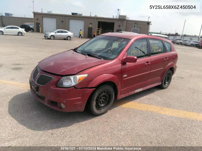 2006 Pontiac Vibe VIN: 5Y2SL658X6Z450504 Lot: 20167521