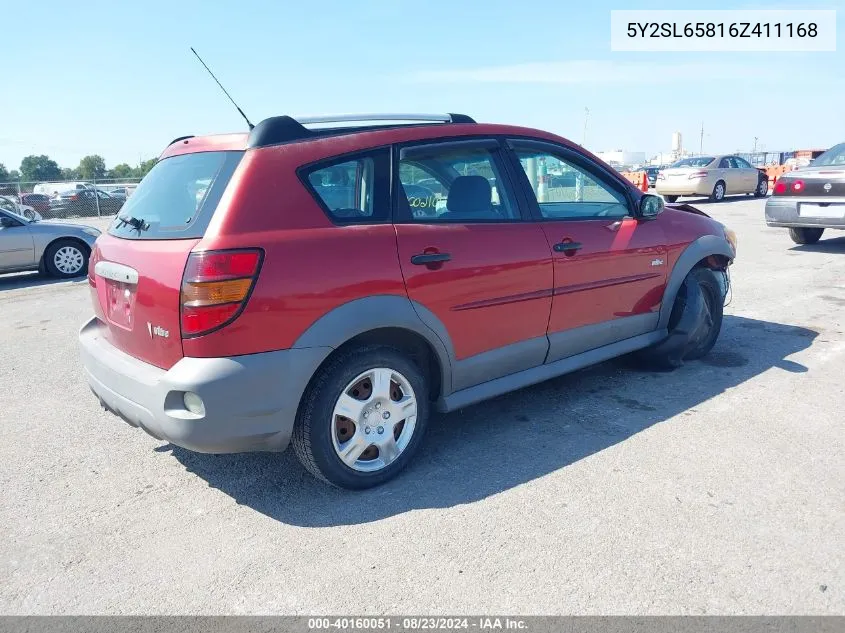 2006 Pontiac Vibe VIN: 5Y2SL65816Z411168 Lot: 40160051