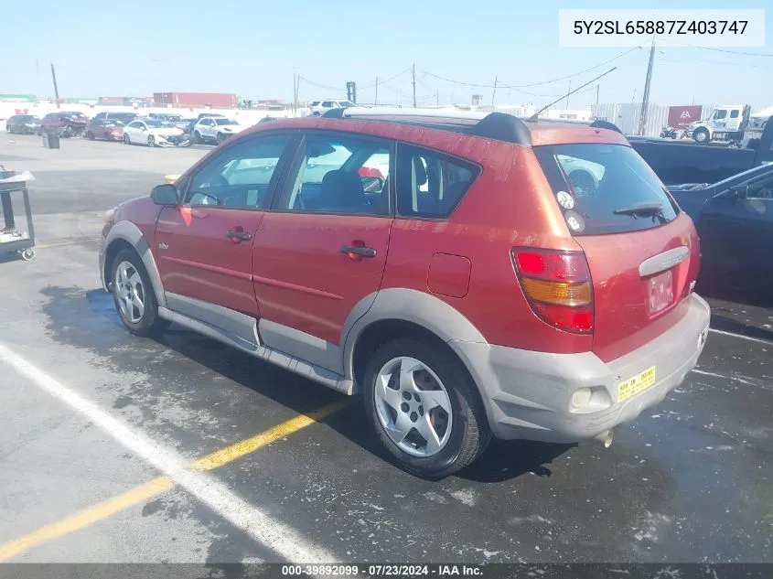 2007 Pontiac Vibe VIN: 5Y2SL65887Z403747 Lot: 39892099