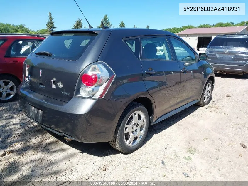 2010 Pontiac Vibe VIN: 5Y2SP6E02AZ418931 Lot: 39540188