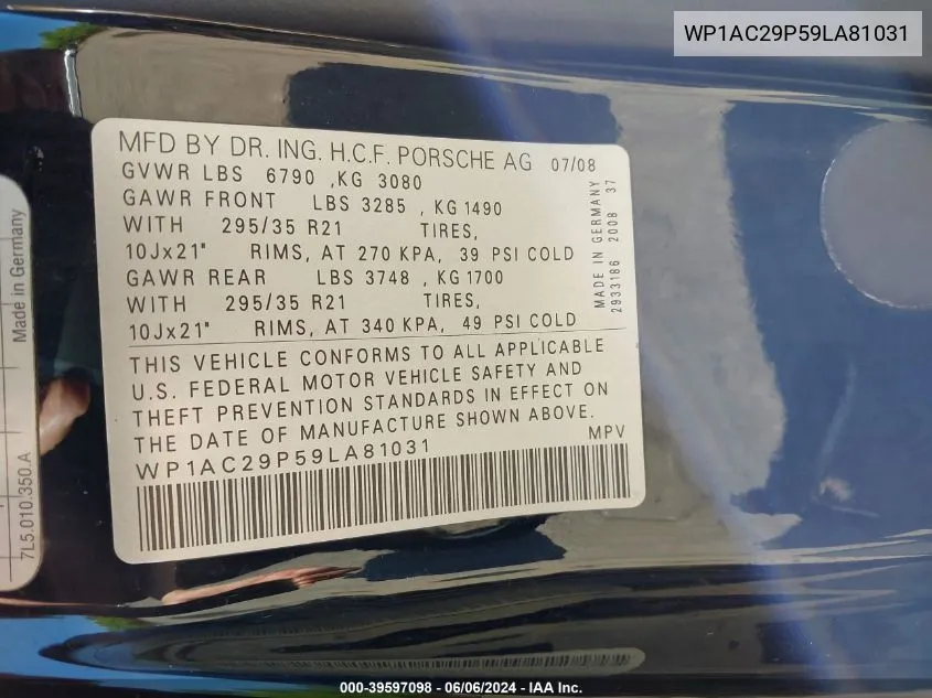 WP1AC29P59LA81031 2009 Porsche Cayenne Turbo/Turbo S