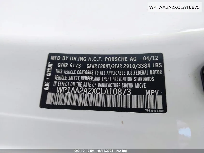 WP1AA2A2XCLA10873 2012 Porsche Cayenne