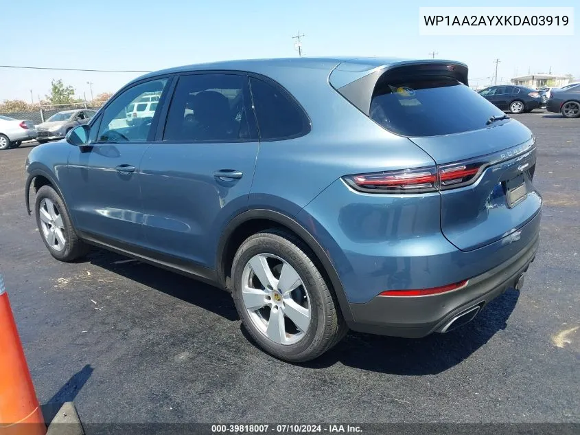 2019 Porsche Cayenne VIN: WP1AA2AYXKDA03919 Lot: 39818007