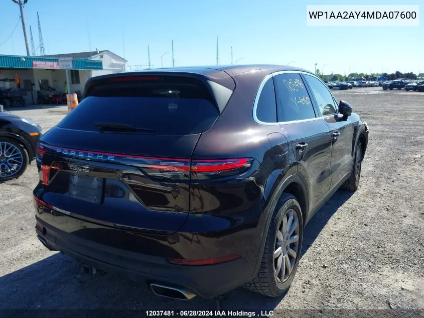 2021 Porsche Cayenne VIN: WP1AA2AY4MDA07600 Lot: 12037481