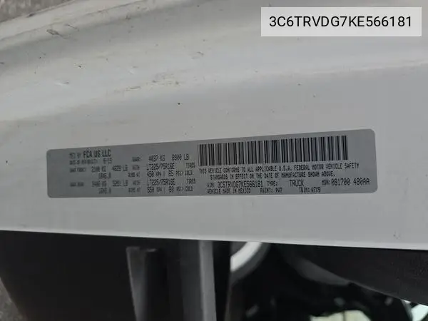 3C6TRVDG7KE566181 2019 Ram Promaster 2500 High Roof 159 Wb