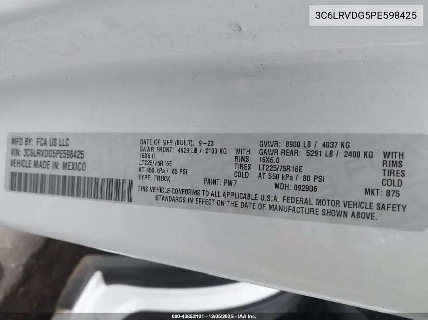 3C6LRVDG5PE598425 2023 Ram Promaster 2500 High Roof 159 Wb