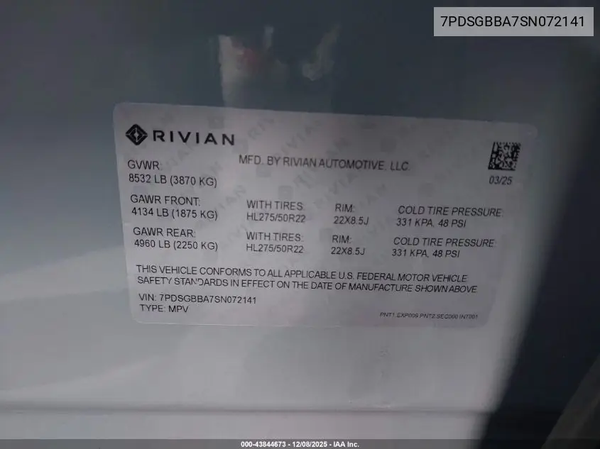 7PDSGBBA7SN072141 2025 Rivian R1S Adventure Dual Motor Large Pack/Adventure Dual Motor Max Pack