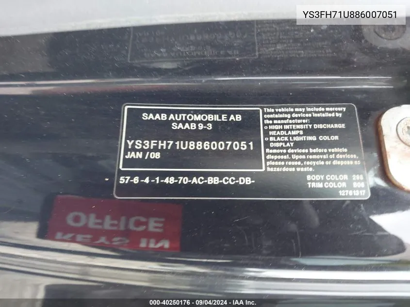 YS3FH71U886007051 2008 Saab 9-3 Aero