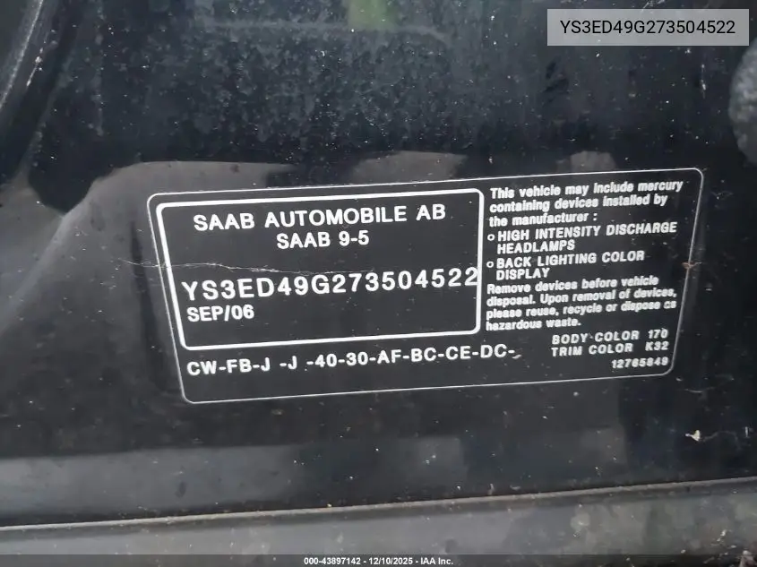 YS3ED49G273504522 2007 Saab 9-5 2.3T