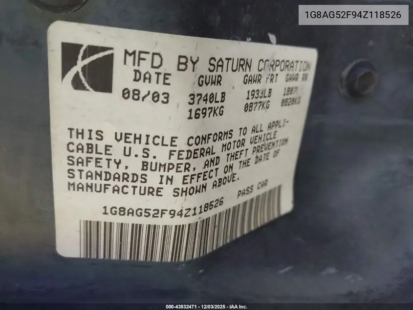 1G8AG52F94Z118526 2004 Saturn Ion 1