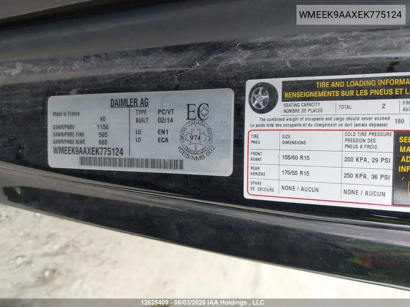 2014 Smart Fortwo VIN: WMEEK9AAXEK775124 Lot: 12625409