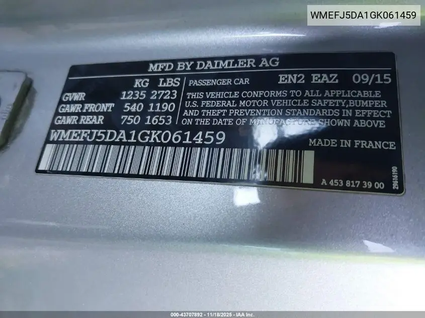 WMEFJ5DA1GK061459 2016 Smart Fortwo Passion