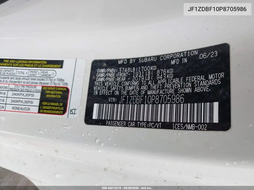 2023 Subaru Brz Limited VIN: JF1ZDBF10P8705986 Lot: 45212319