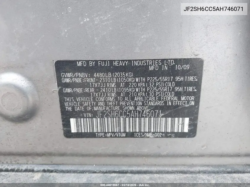 JF2SH6CC5AH746071 2010 Subaru Forester 2.5X Premium