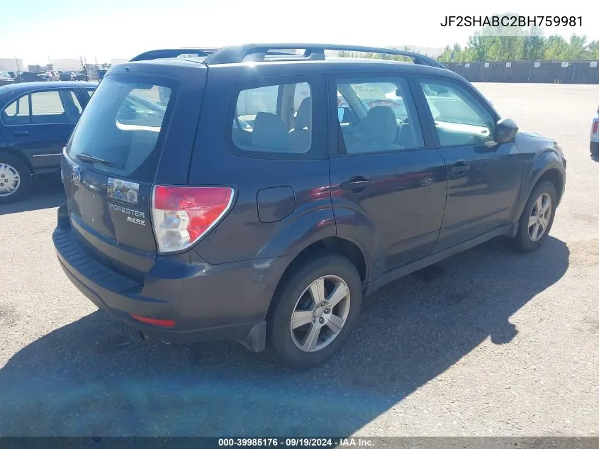 2011 Subaru Forester 2.5X VIN: JF2SHABC2BH759981 Lot: 39985176