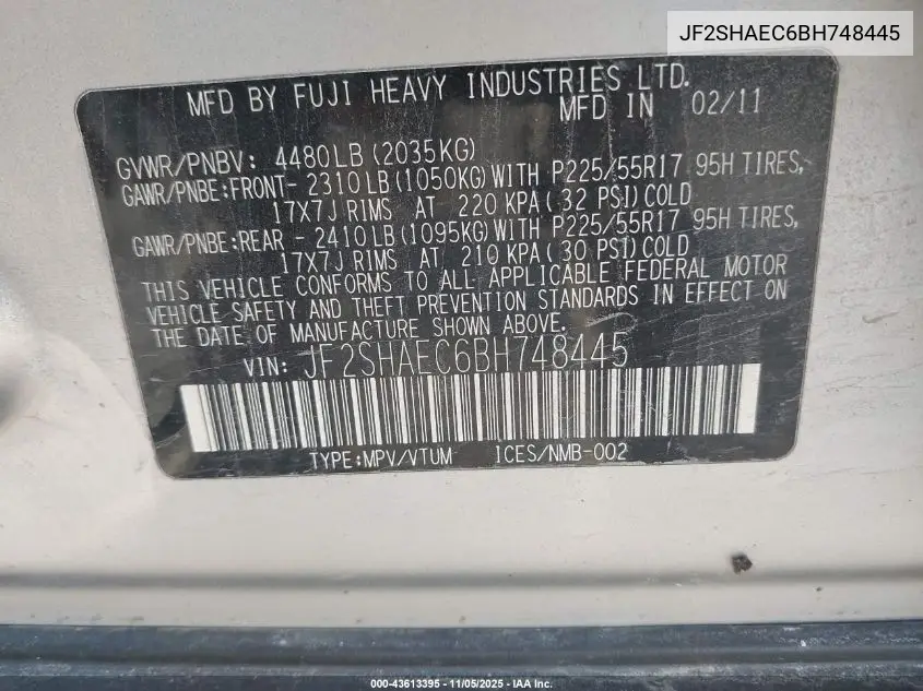 JF2SHAEC6BH748445 2011 Subaru Forester 2.5X Limited