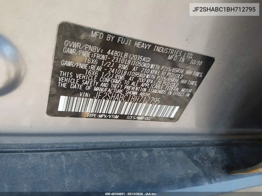 JF2SHABC1BH712795 2011 Subaru Forester 2.5X