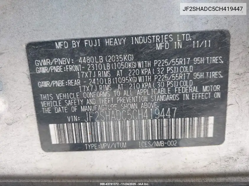 JF2SHADC5CH419447 2012 Subaru Forester 2.5X Premium
