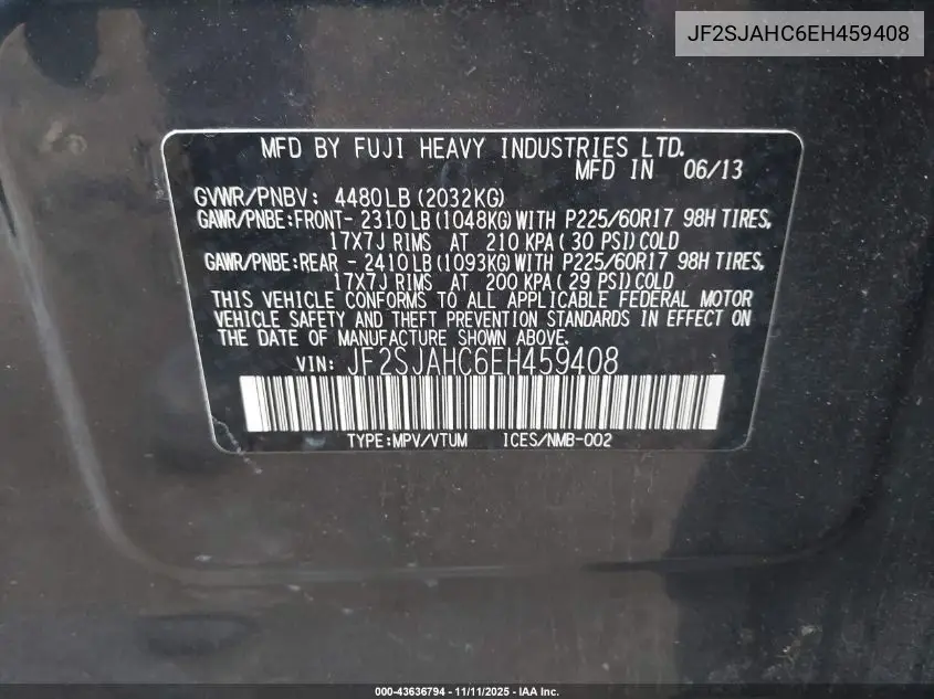 JF2SJAHC6EH459408 2014 Subaru Forester 2.5I Limited