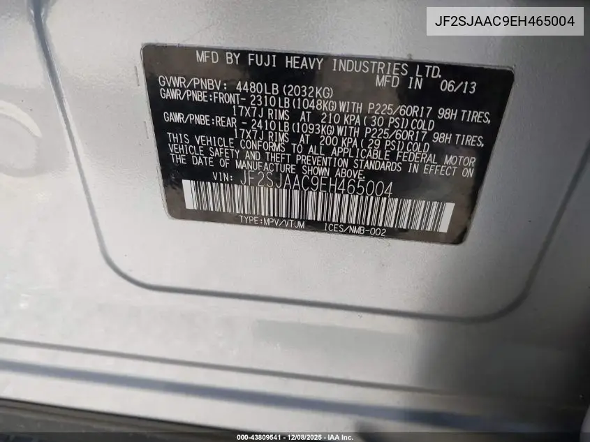 JF2SJAAC9EH465004 2014 Subaru Forester 2.5I