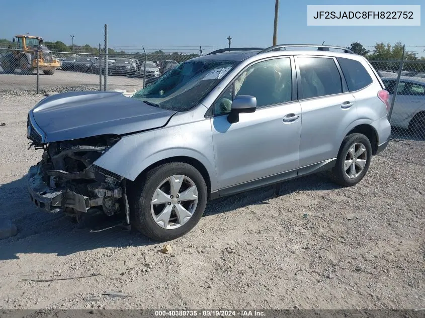 2015 Subaru Forester 2.5I Premium VIN: JF2SJADC8FH822752 Lot: 40380735