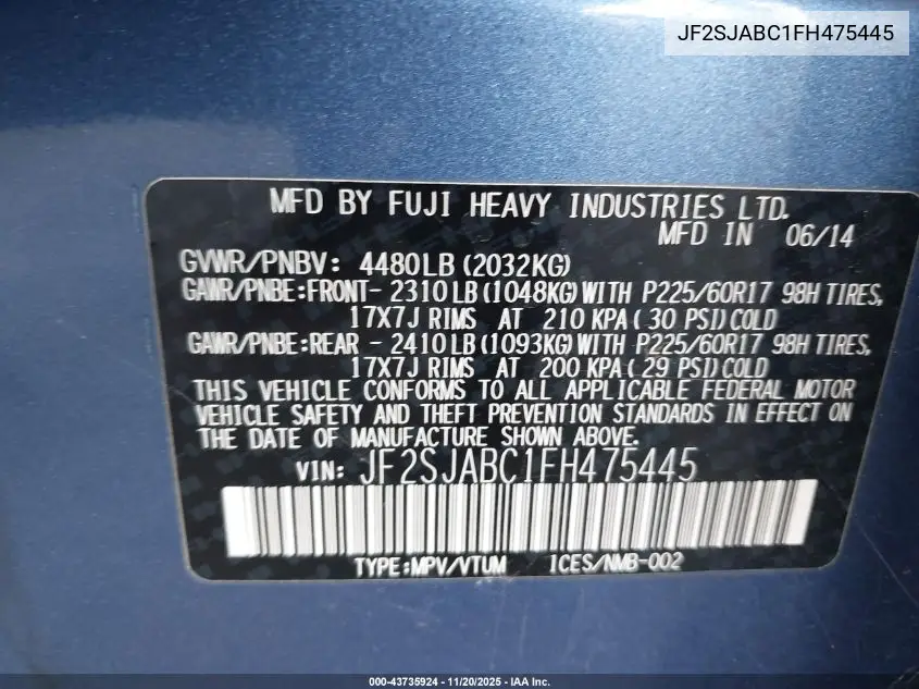 JF2SJABC1FH475445 2015 Subaru Forester 2.5I