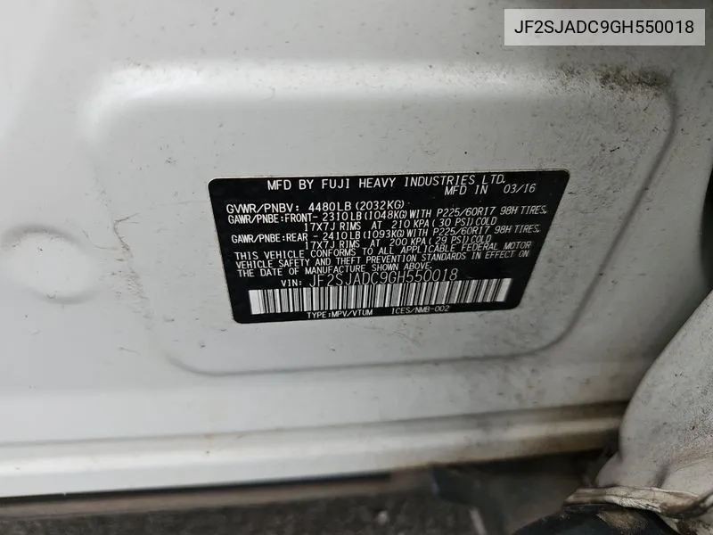 JF2SJADC9GH550018 2016 Subaru Forester 2.5I Premium